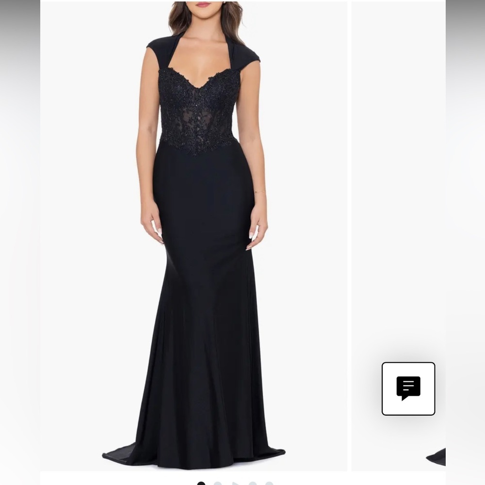 Betsy & Adam Beaded Bodice Open Back Sheath Gown